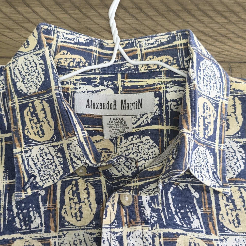 Alexander Martin 100% Cotton Button Up Shirt Large Blue Geometric Print Vintage - Picture 2 of 11